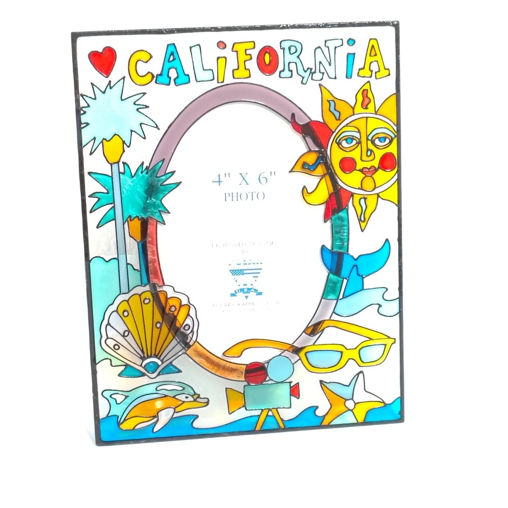 California Themed Stained Glass Colorful Picture Frame Sun Beach Sea For 4x6"